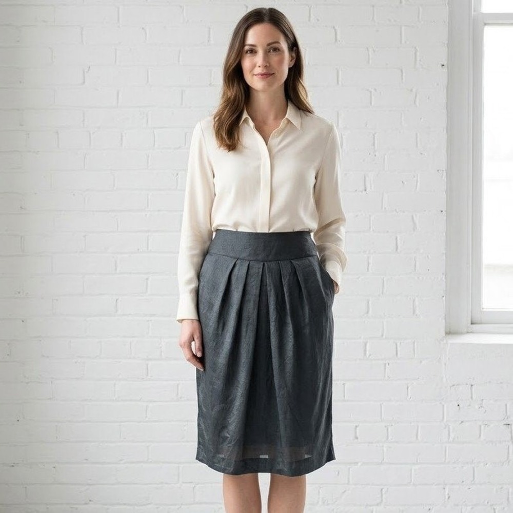 Stills Pleated Midi Skirt Womens M 32" Waist Linen Silk Blend Natural Fibres‎